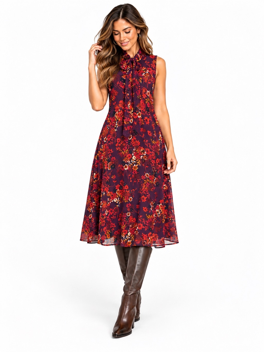 Calvin Klein Floral Tie Neck Sleeveless A Line Dress Plum Red 8